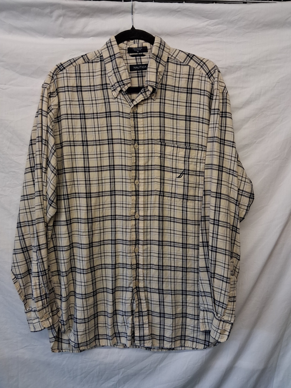 Nautica Men's Cream and Navy Plaid Button-Down Shirt